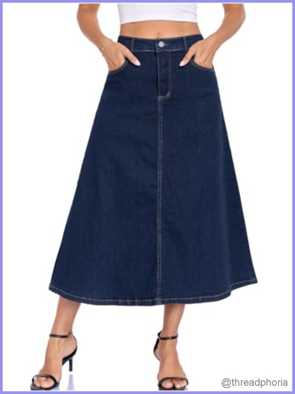 A-Line Flared Midi Denim Skirt Cotton Blend Stretch High Waist with Pockets
